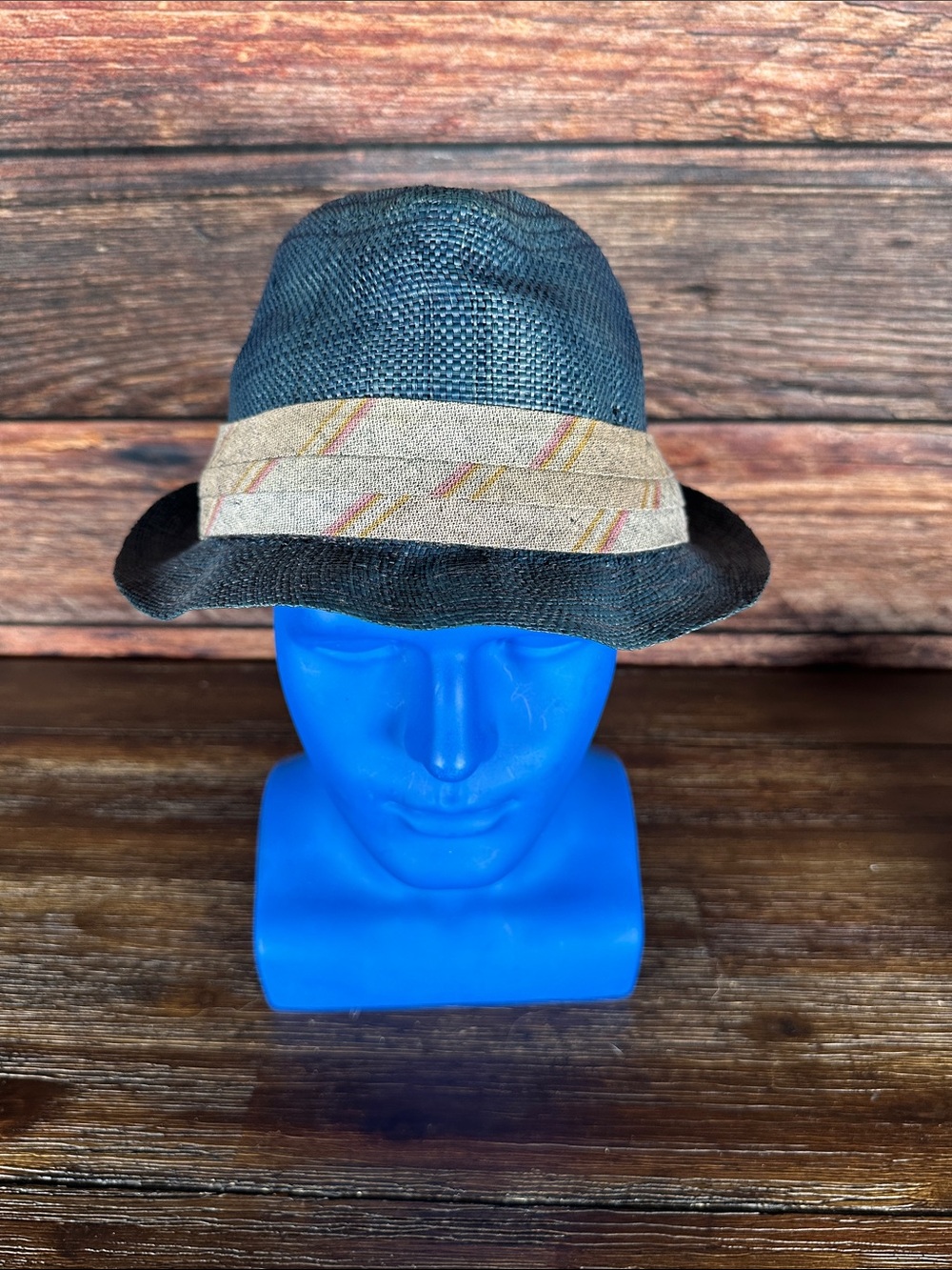 Goorin Bros Navy Blue Straw Fedora with Beige Stripe Band